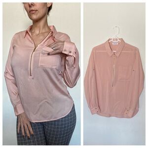 Calvin Klein Blouse Blush Pink Top Gold Zip Medium Office
